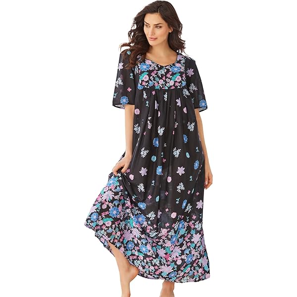 Only Necessities Plus Size Long Silky Lace-Trim Gown - M, Black at